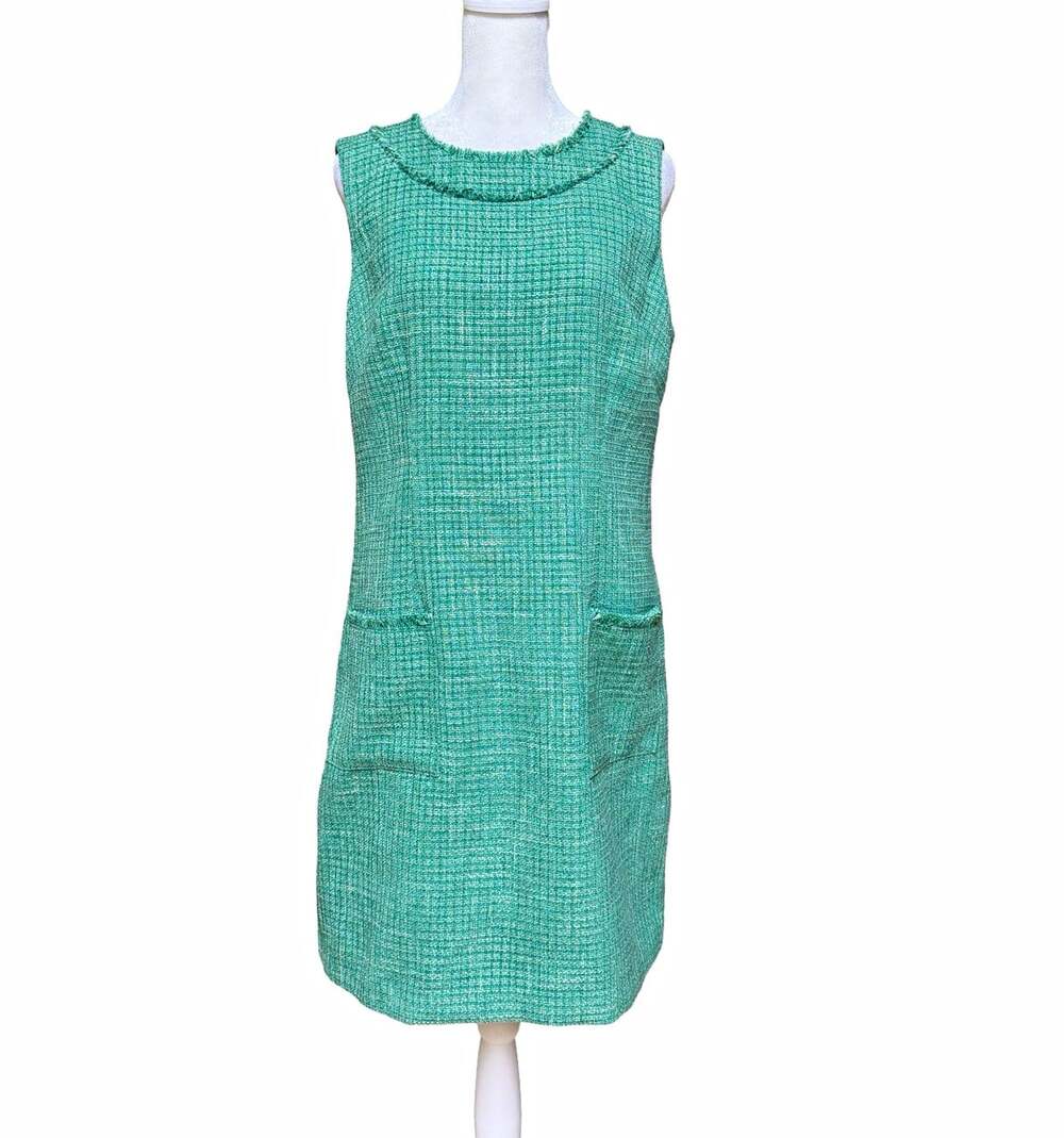 Eliza J Green Tweed Shift Dress Boat Neck Sleeveless Knee Length Size 10